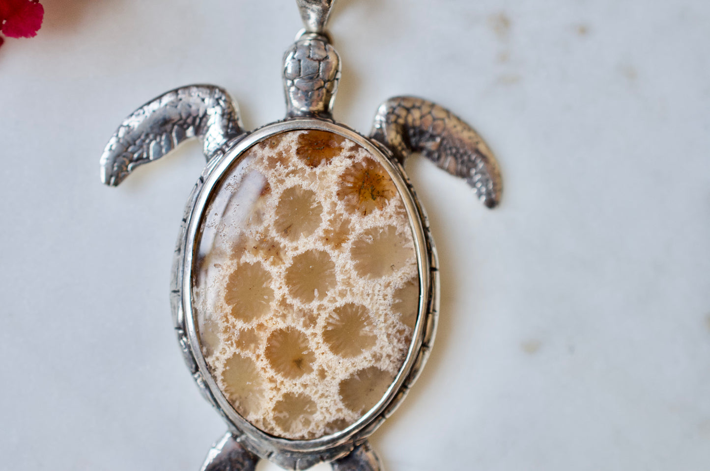 Bamboo Fossilized Coral Sterling Silver Turtle Necklace