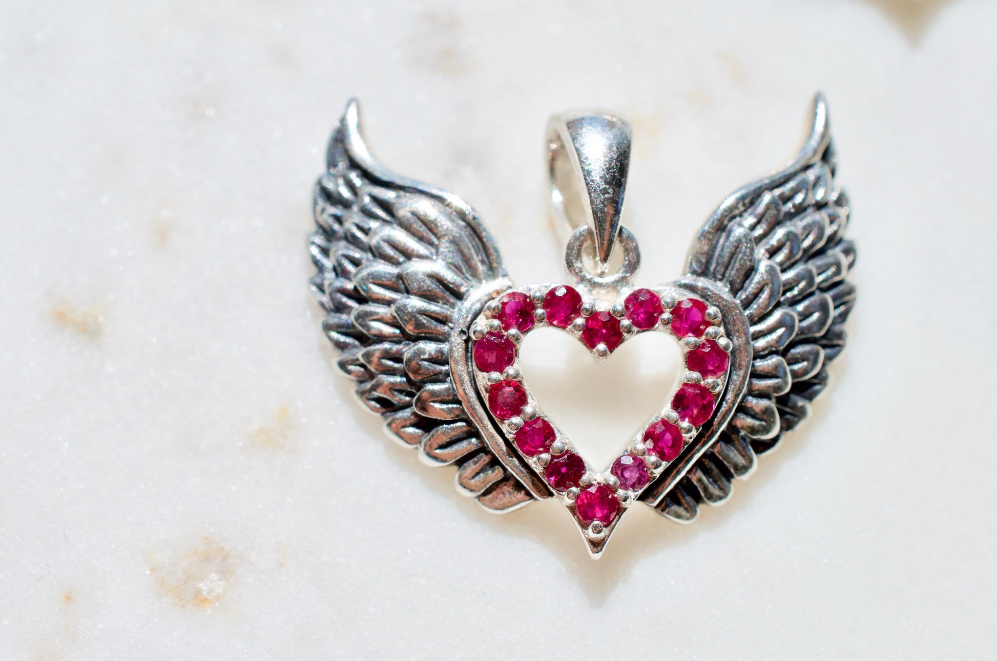 Heavenly Ruby Sterling Silver Winged Heart