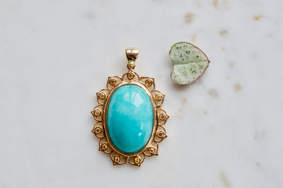 The Sky Was Yellow 10K Gold Amazonite Pendant Necklace Set in Yellow Sapphire Lotus