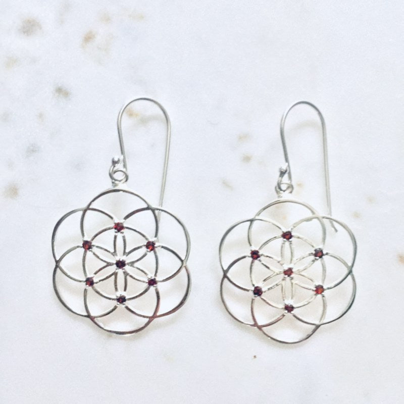 seed of life sterling silver earrings garnet