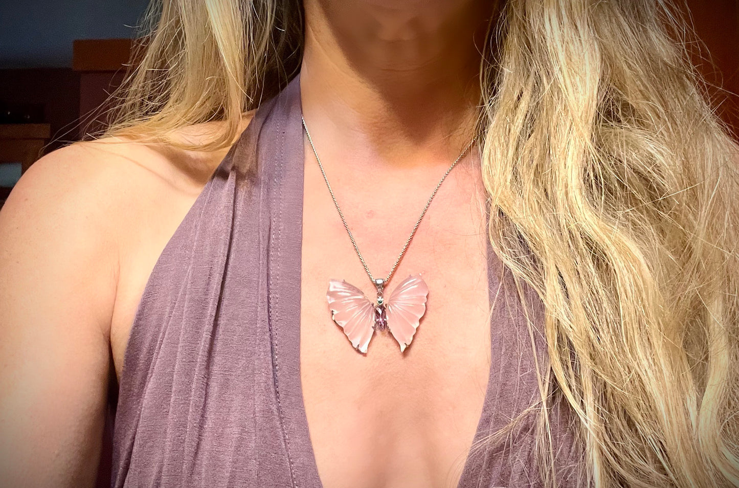 Peruvian Pink Opal Butterfly Necklace Sterling Silver