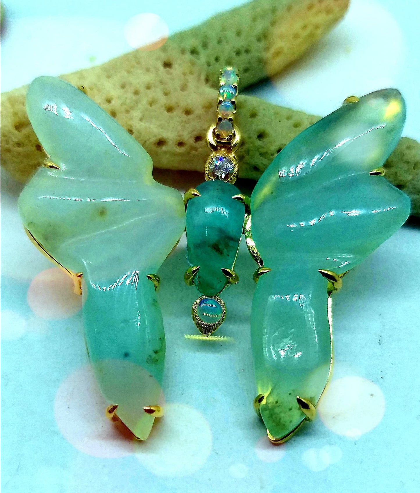 18k Gold Peruvian Blue Opal Butterfly Pendant Necklace