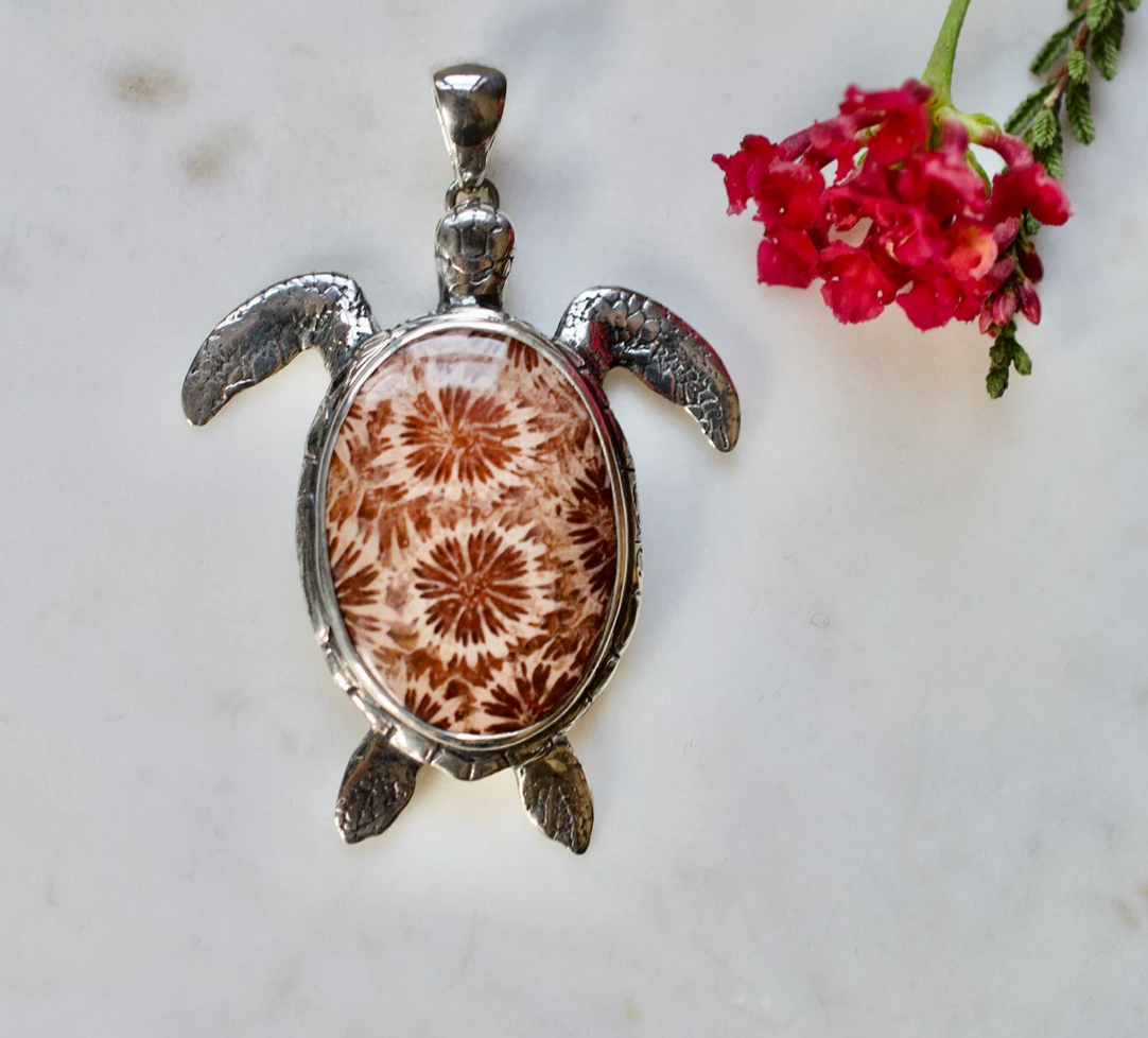 Indonesian Fossilized Star Coral Sterling Silver Turtle Pendant Necklace