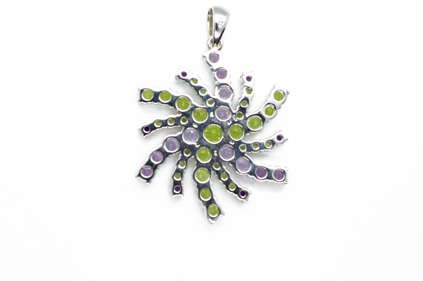 Mt. Agassiz Green Peridot & Purple Snowflake Mandala Silver Necklace
