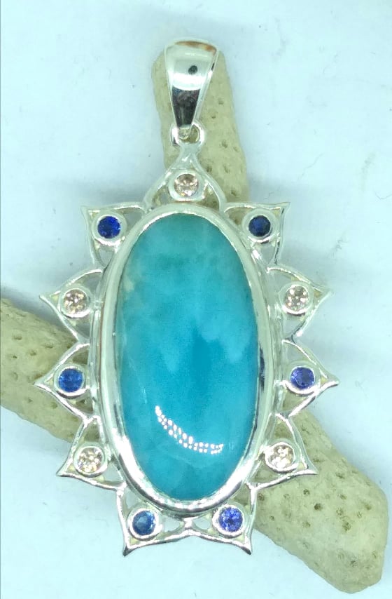 Larimar Lotus Pendant with Zircon and Blue Sapphires
