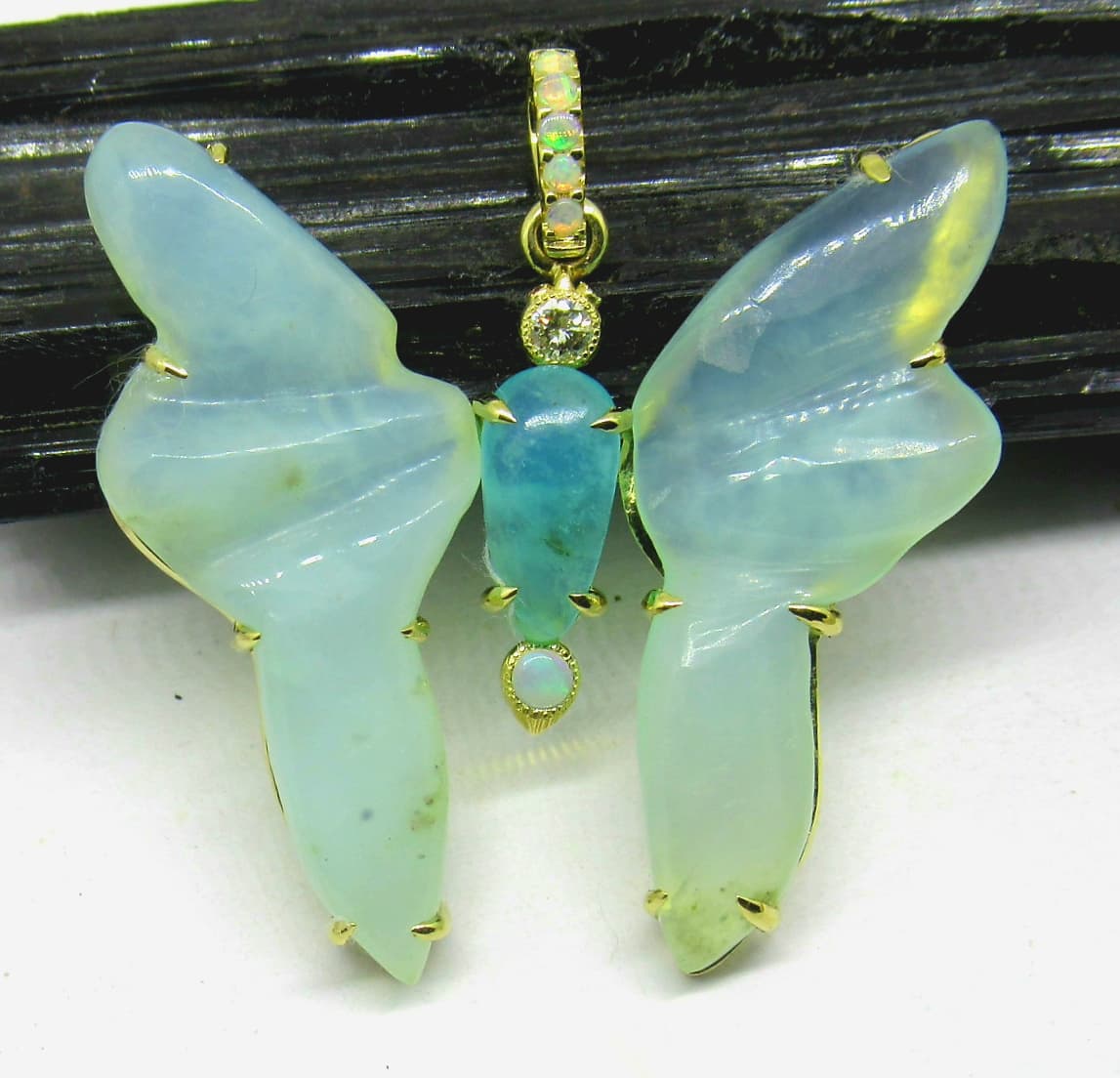 18k Gold Peruvian Blue Opal Butterfly Pendant Necklace