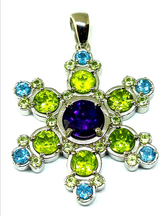 Mt. Lassen Peridot, Amethyst, & Blue Topaz Silver Snowflake Mandala Pendant
