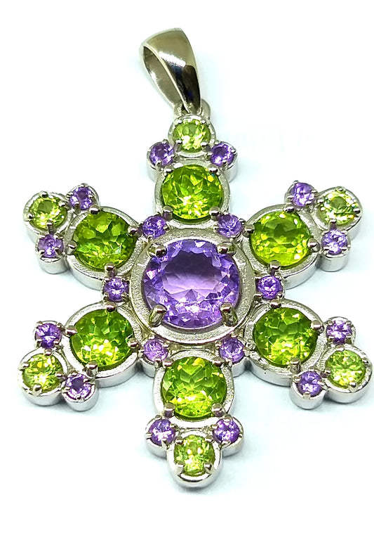 Mt. Shasta Amethyst & Peridot Silver Snowflake Mandala Pendant
