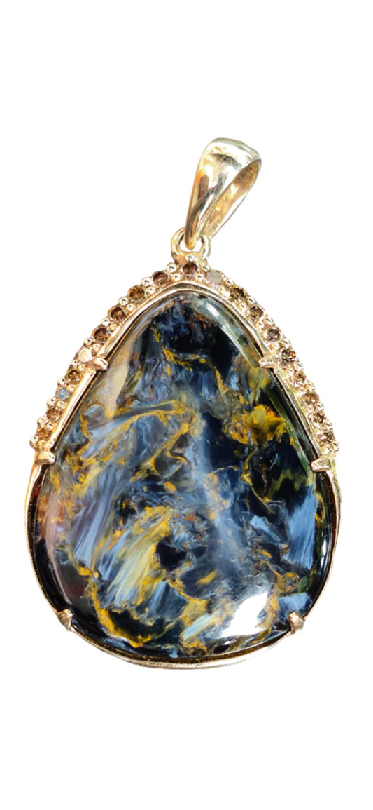 14K Gold Pietersite and Champagne Diamond Fine Jewelry Pendant