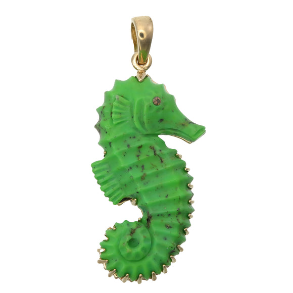 18k Gold Rare Green Turquoise Seahorse Pendant