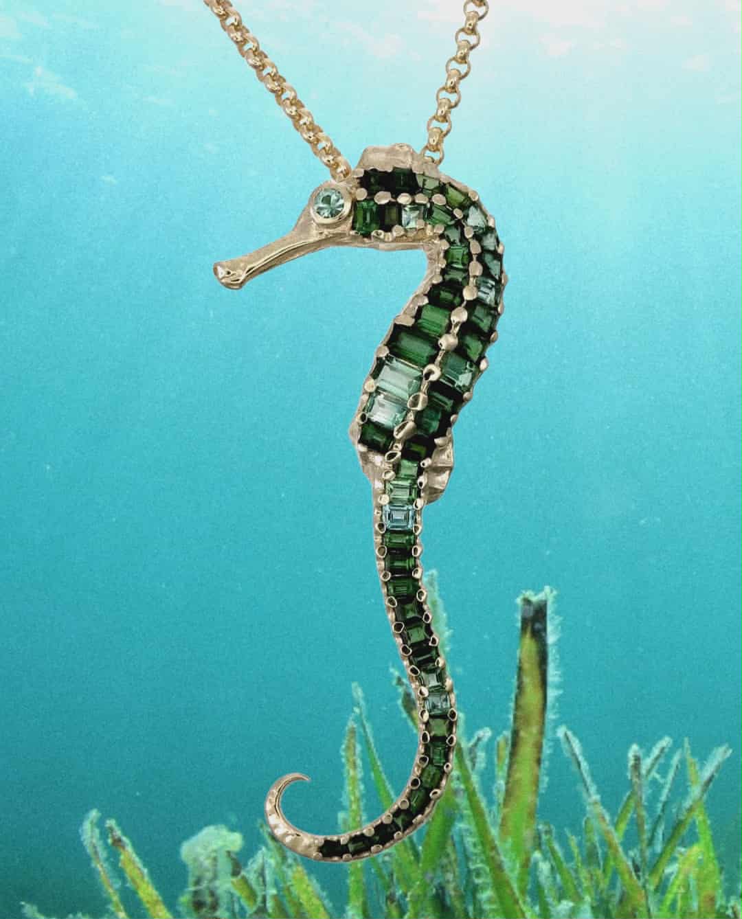 9k Gold 3" tall Tourmaline Seahorse Pendant