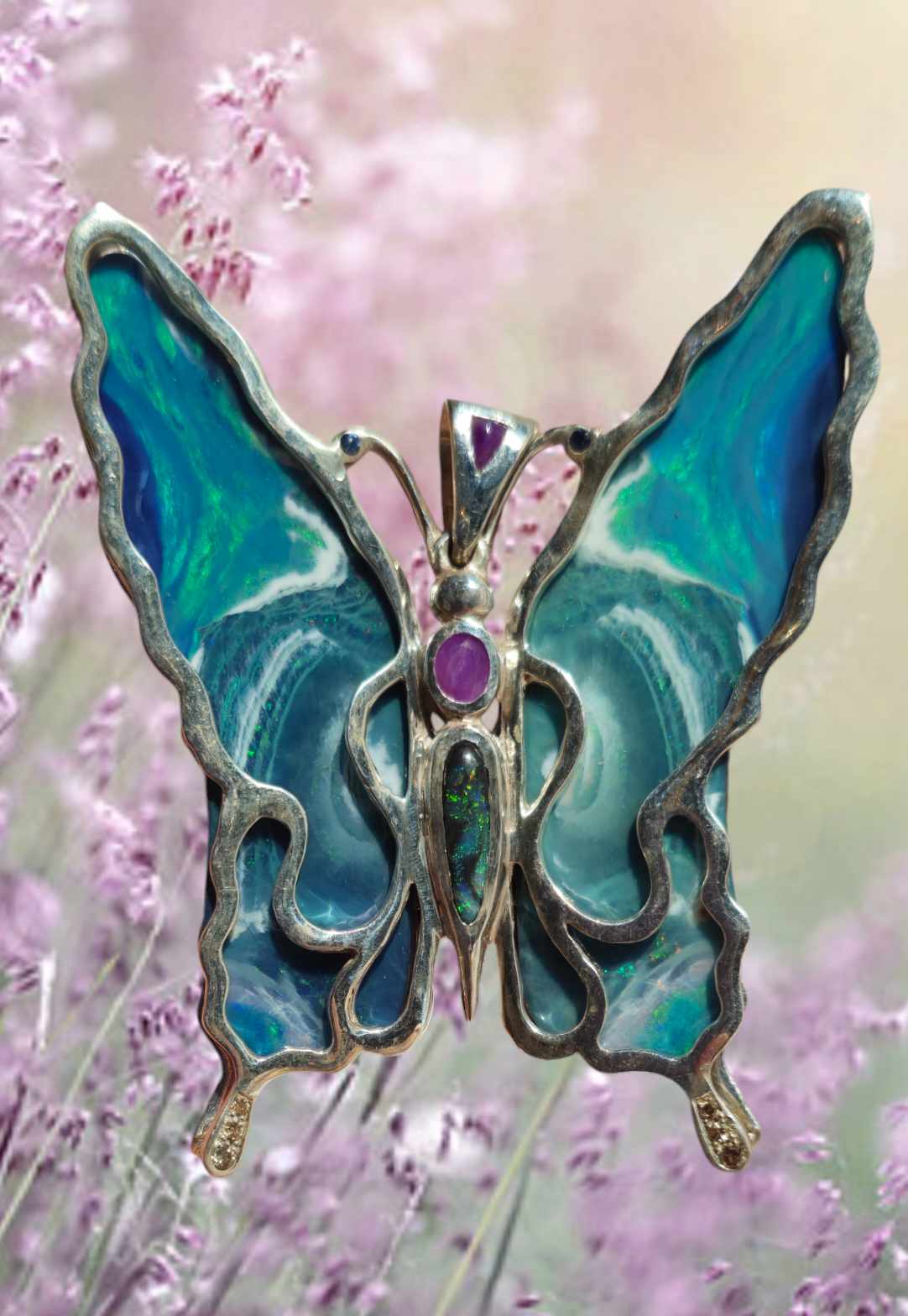 Boulder Opal & Sugilite Silver Butterfly Necklace