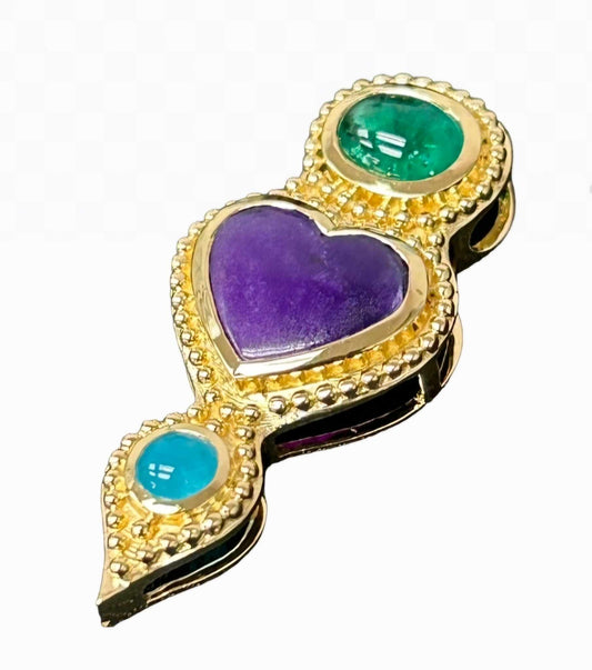 18k gold pendant + pin w/ Emerald, Sugilite, and Hemimorphite