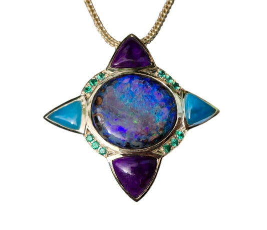 The Cosmic Compass 9K Gold Pendant Featuring Boulder Opal, Hemimorphite, Emerald, & Sugilite