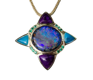 The Cosmic Compass 9K Gold Pendant Featuring Boulder Opal, Hemimorphite, Emerald, & Sugilite