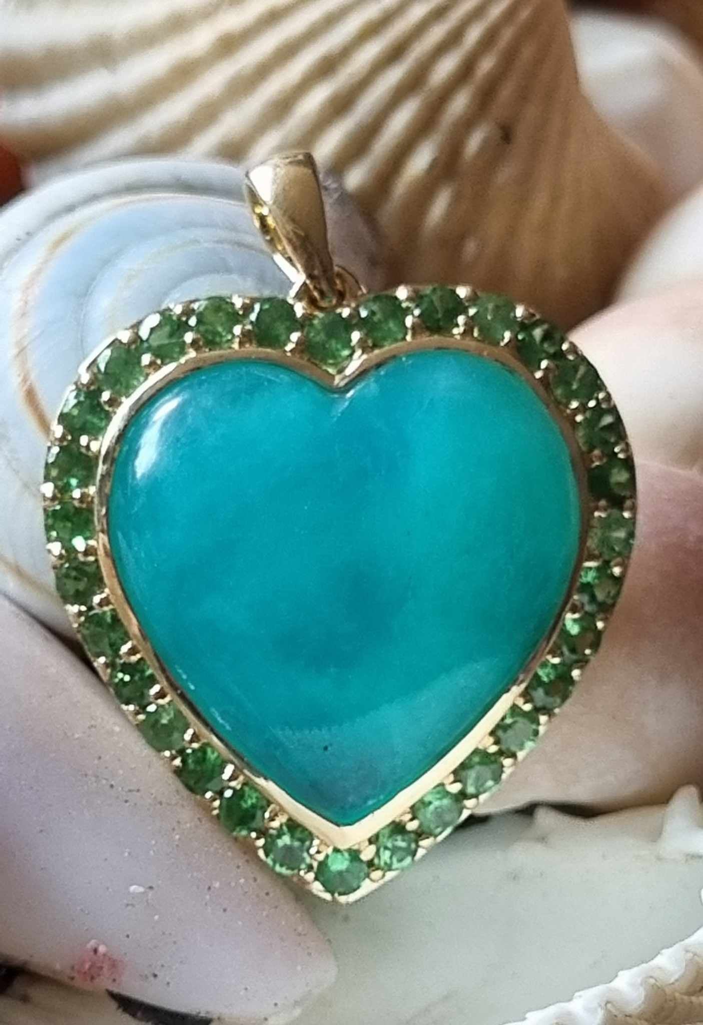 18k Gold Peruvian Blue Opal and Tsavorite Heart Pendant