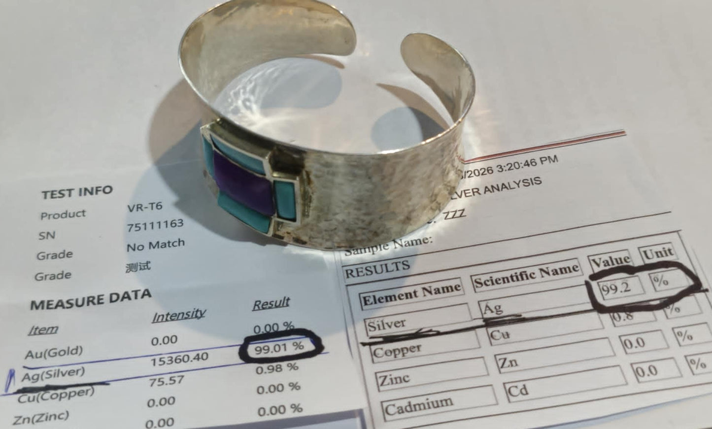99% Pure Silver Hill Tribe Cuff Bracelet with Arizona Turquoise & Purple Sugilite | Handmade Artisan Healing Jewelry