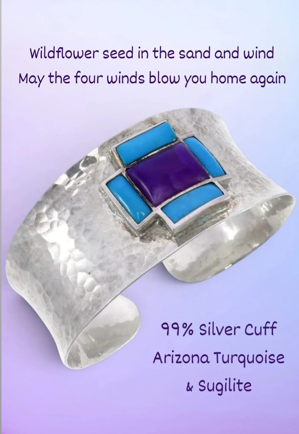 99% Pure Silver Hill Tribe Cuff Bracelet with Arizona Turquoise & Purple Sugilite | Handmade Artisan Healing Jewelry