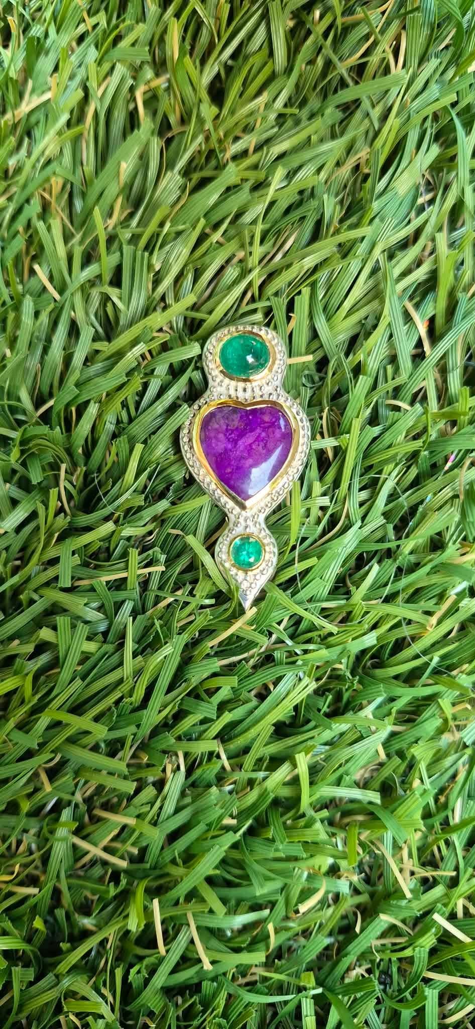 Muzo Colombian Emerald & Gel Sugilite Heart Pendant – 18k Gold Bezels in Sterling Silver, One-of-a-Kind, with Chain