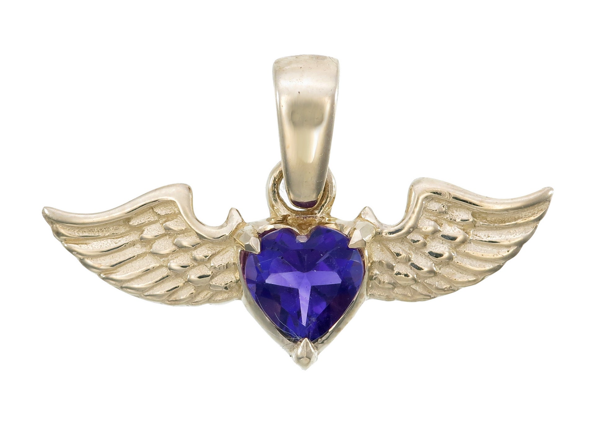 9K Gold Amethyst Heart with Wings Pendant | Angel Wing Heart Necklace