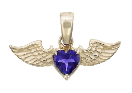 9K Gold Amethyst Heart with Wings Pendant | Angel Wing Heart Necklace