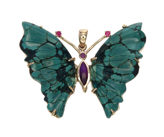 9k gold Butterfly w Turquoise, sugilite, and ruby