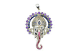 Ganesha Necklace with 108 Amethysts, Rubies, and Blue Sapphires in Sterling Silver