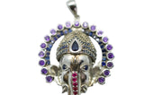 Ganesha Necklace with 108 Amethysts, Rubies, and Blue Sapphires in Sterling Silver