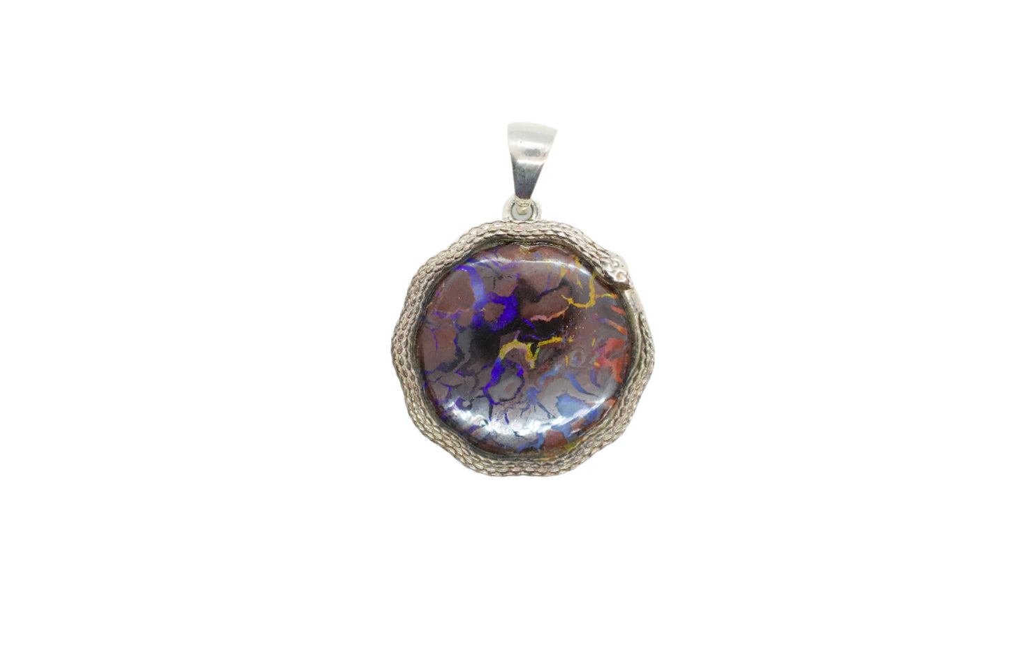 Boulder Opal Set in Sterling Silver Snake Motif Necklace