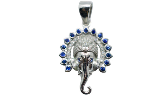 Small Jai Ganesha Sterling Silver Pendant Blue Sapphires and Diamond