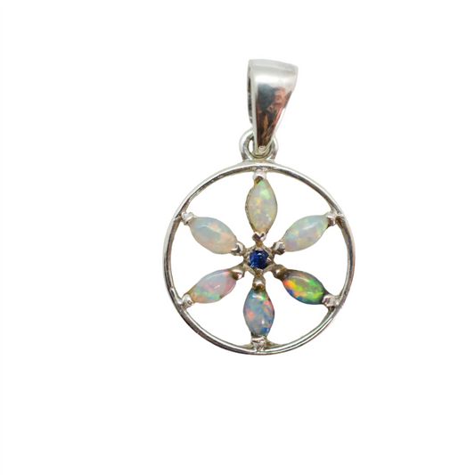 Small Opal & Blue Sapphire Mini Seed of Life Silver Necklace