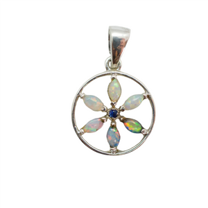 Small Opal & Blue Sapphire Mini Seed of Life Silver Necklace