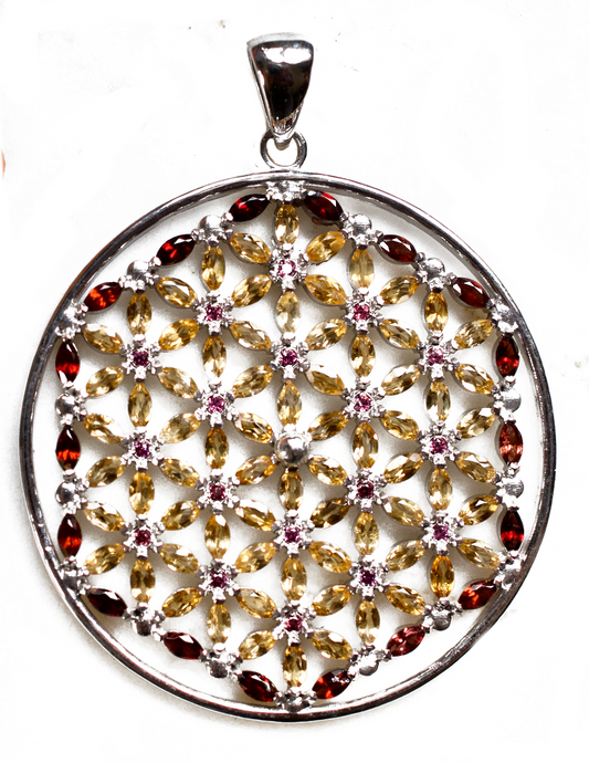 Flower of Life with Citrine, Garnet, & Rhodolite Sterling Silver Necklace