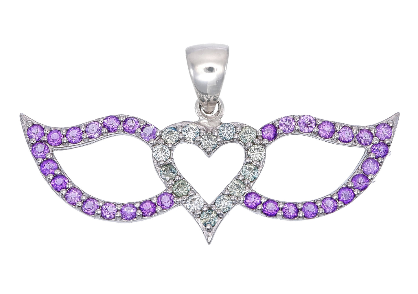 Green Sapphire & Purple Amethyst Heart with Wings Silver Necklace – Romantic Gemstone Jewelry Gift for Her