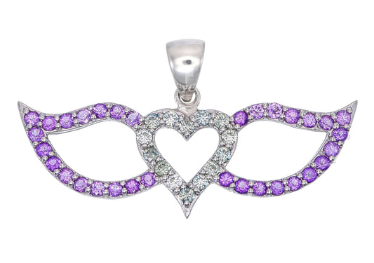 Green Sapphire & Purple Amethyst Heart with Wings Silver Necklace – Romantic Gemstone Jewelry Gift for Her