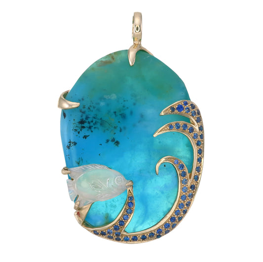 14 Karat Gold Blue Opal with Opal Fish Pendant