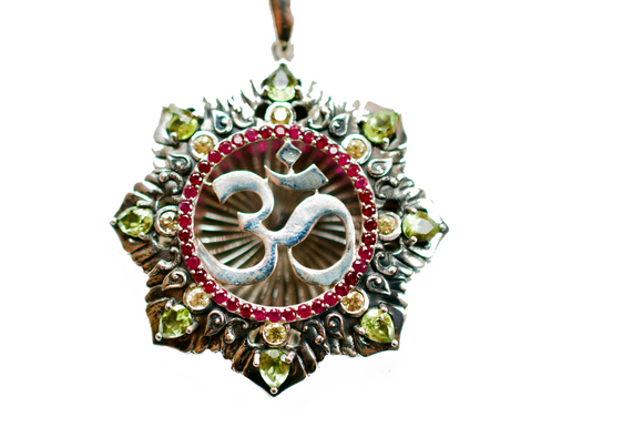 Om Garden Silver Matrix Pendant Necklace with Peridot, Rubies, & Yellow Sapphires
