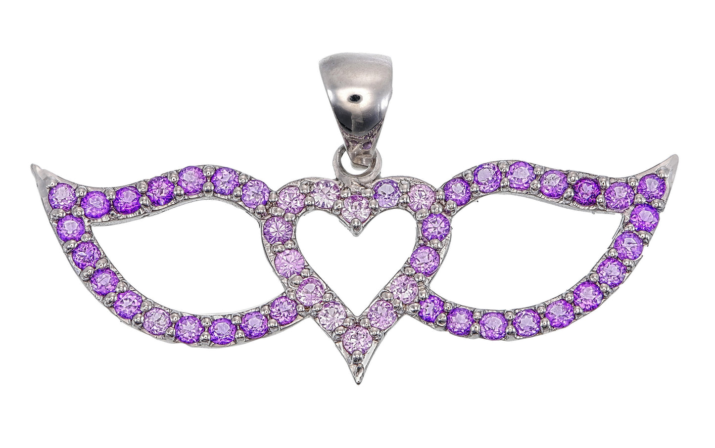 Pink Sapphire & Purple Amethyst Heart with Wings Silver Necklace – Romantic Gemstone Jewelry Gift for Her