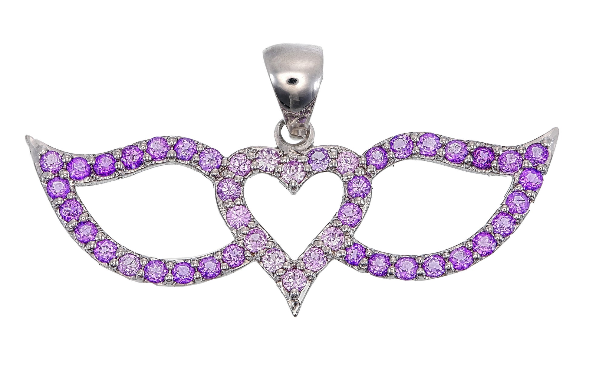 Pink Sapphire & Purple Amethyst Heart with Wings Silver Necklace – Romantic Gemstone Jewelry Gift for Her