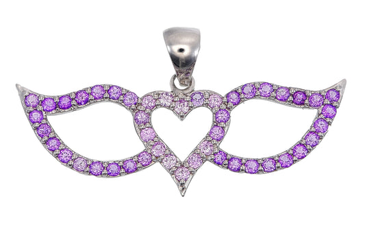 Pink Sapphire & Purple Amethyst Heart with Wings Silver Necklace – Romantic Gemstone Jewelry Gift for Her