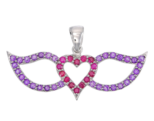 Red Ruby & Purple Amethyst Heart with Wings Silver Necklace – Romantic Gemstone Jewelry Gift for Her