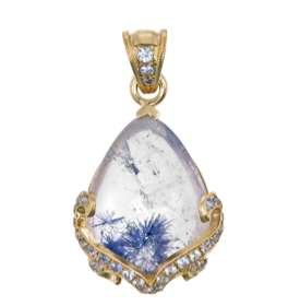 Very Rare 18k Gold Quartz with Dumortierite Inclusion Pendant Necklace