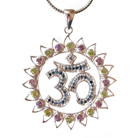 Om Shanti Lotus Gemmed Sterling Silver Pendant Peridot, Amethyst, Sapphire