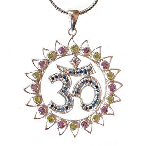 Om Shanti Lotus Gemmed Sterling Silver Pendant Peridot, Amethyst, Sapphire