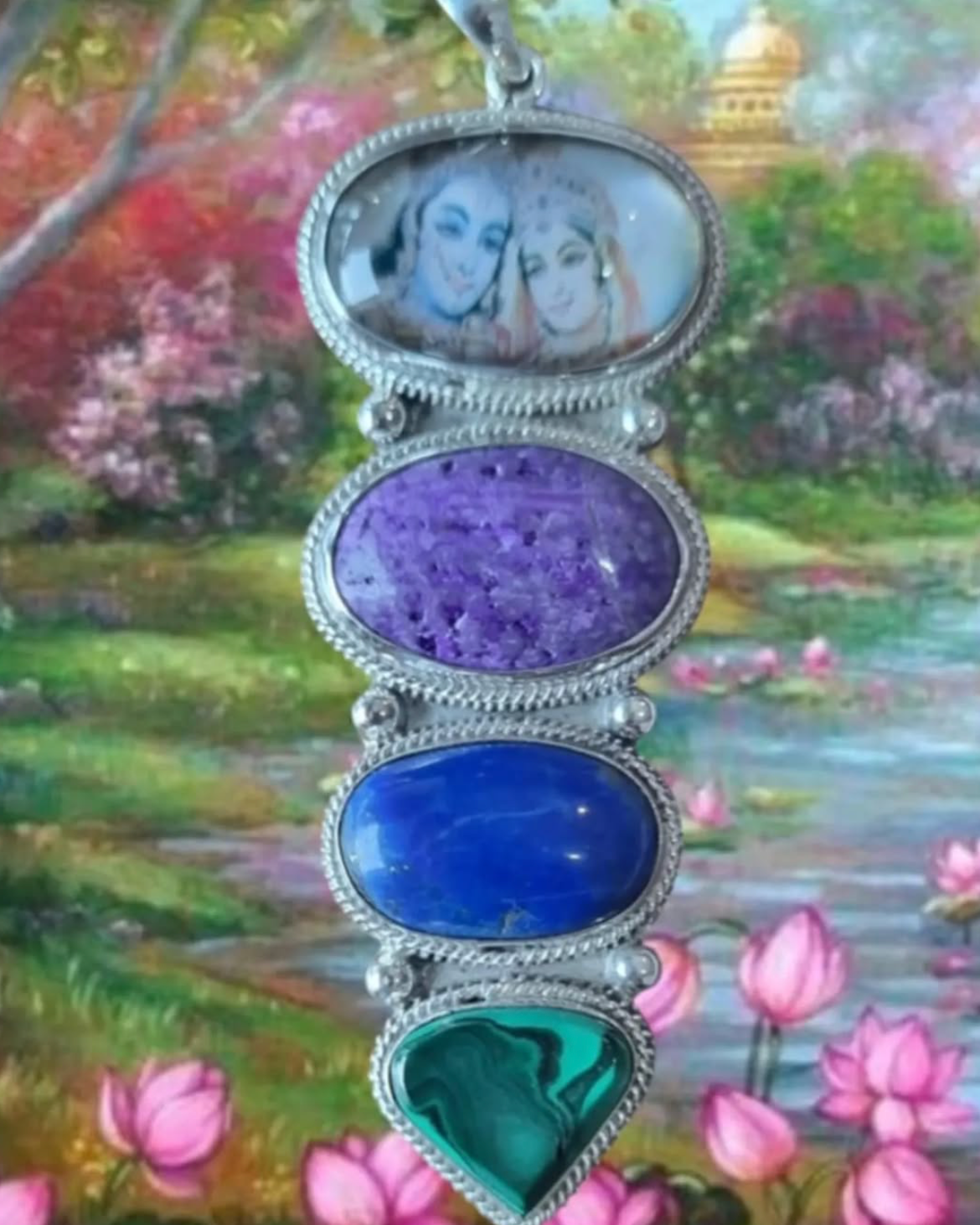 Krishna Quartz, Charoite, Lapis Lazuli, & Malachite Sterling Silver Necklace