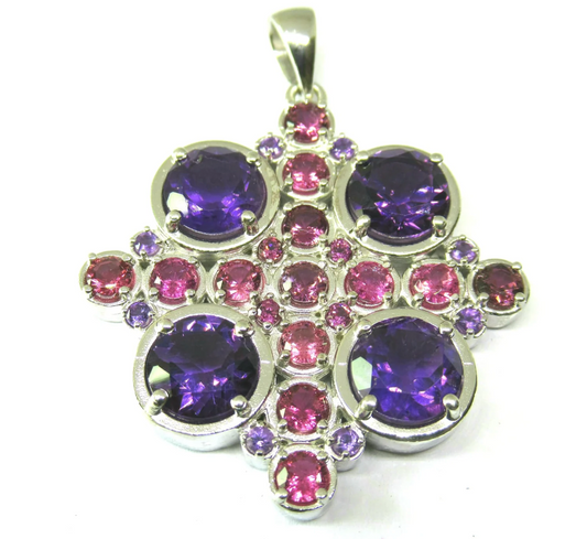 Amethyst & Pink Tourmaline Mandala Sterling Silver Necklace #4.2