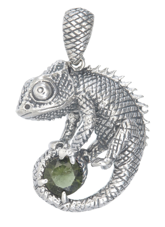 Silver Chameleon Necklace with Faceted Moldavite Pendant | Unique Moldavite Jewelry