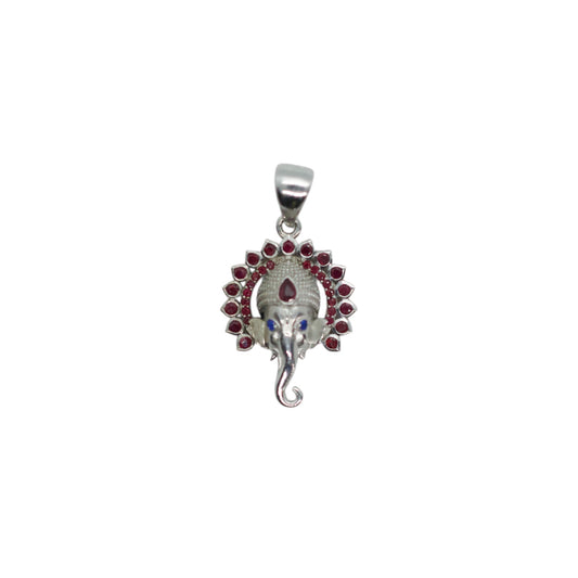 Small Jai Ganesha Silver Pendant -  Rubies &  Blue Sapphires