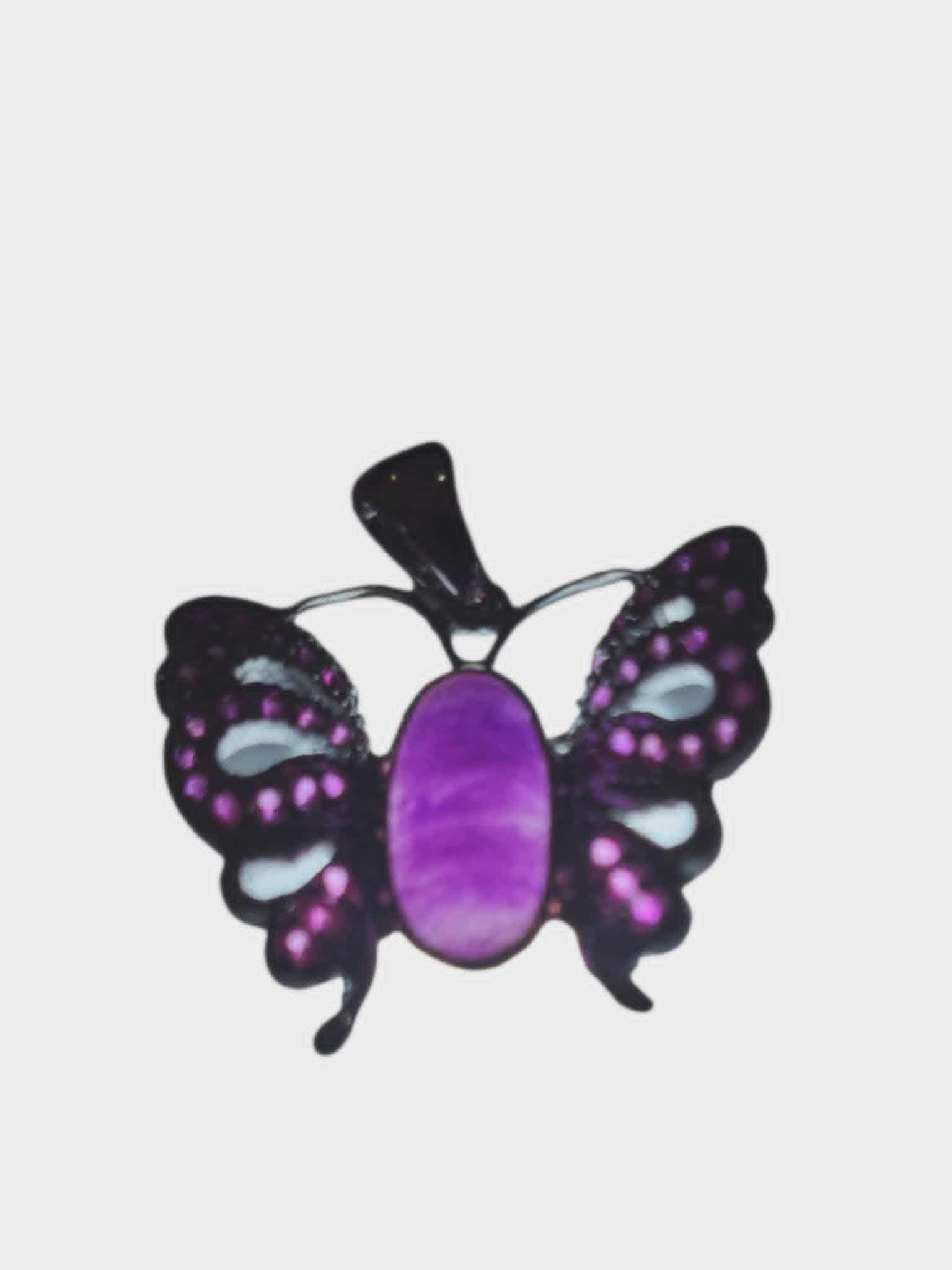 Sterling Silver Butterfly Necklace with Gel Sugilite & 9K Gold Bezel | Handmade Spiritual Butterfly Jewelry