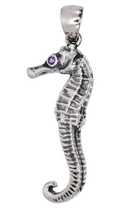 Sterling Silver Seahorse Pendant with Amethyst Eye – 30mm x 12mm Ocean-Inspired Gemstone Necklace